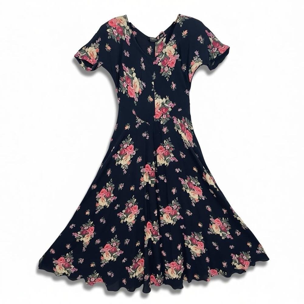 Vintage Nostalgia Rayon Black Floral Maxi Dress Basque Waist Short Sleeve Sz S